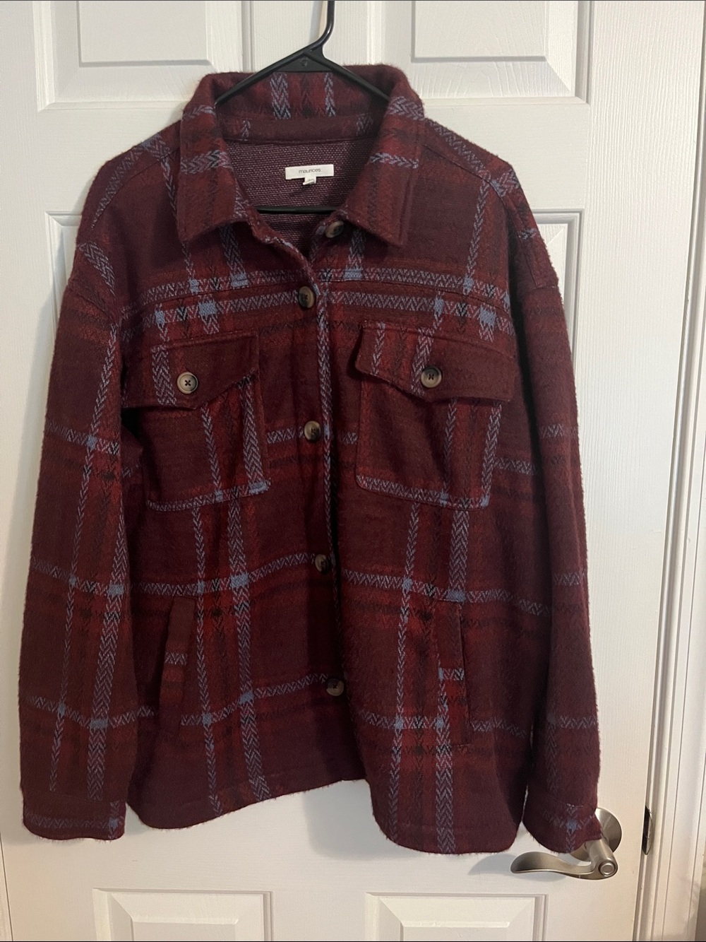 Plaid Shacket Jacket in Burgundy with Blue Accents - Maurice’s Women’s XL